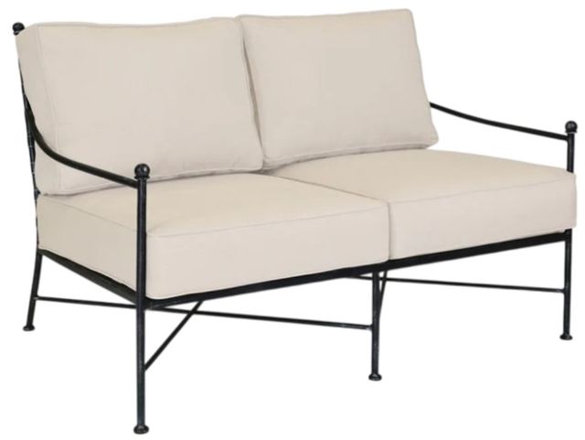 Sunset West Provence Century Pewter Antique Wrought Iron Outdoor Loveseat with Canvas Flax Cushion-0