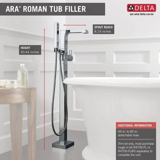 Delta Ara® Chrome Single Handle Floor Mount Tub Filler Trim with Hand Shower-3
