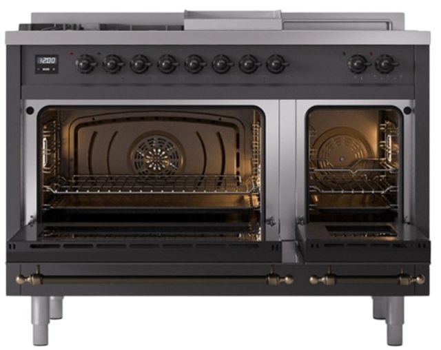 Ilve® Nostalgie II Noblesse 48'' Graphite Matte Pro Style Dual Fuel Range with Burnished Trim-1