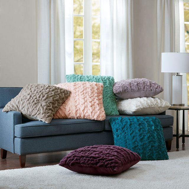 Olliix by Madison Park Ruched Fur Aqua 25" x 25" Euro Pillow-1