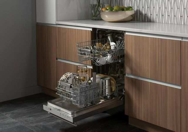 Credit: GE Front view of a modern kitchen with an opened 18 inch GE dishwasher