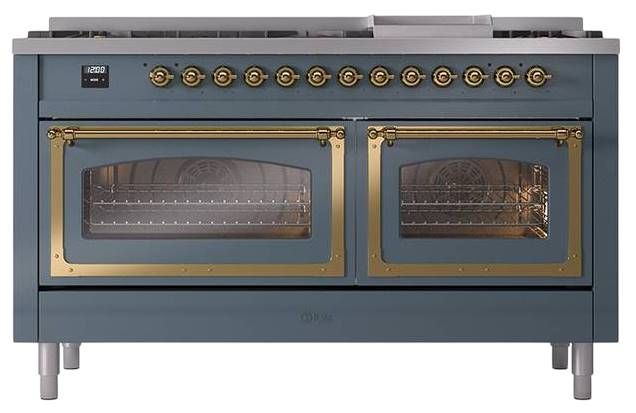 Ilve® Nostalgie II Noblesse 60'' Blue Gray Pro Style Dual Fuel Range with Brass Trim-1