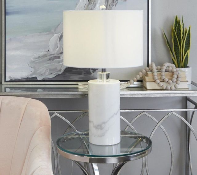 Deco Marche USelect White Marble Thick Stand Table Lamp with Drum Shade-4