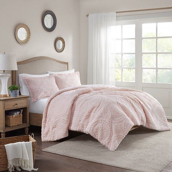 Olliix by Madison Park Arya Blush Full/Queen Embroidered Medallion Faux Fur Ultra Plush Comforter Mini Set-4