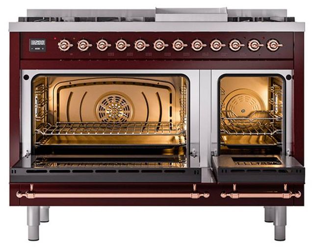 Ilve® Nostalgie II Noblesse 48'' Burgundy Pro Style Dual Fuel Range with Copper Trim-2
