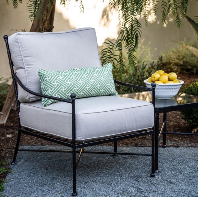 Sunset West Provence Century Pewter Antique Wrought Iron Outdoor Club Chair with Canvas Flax Cushion-3