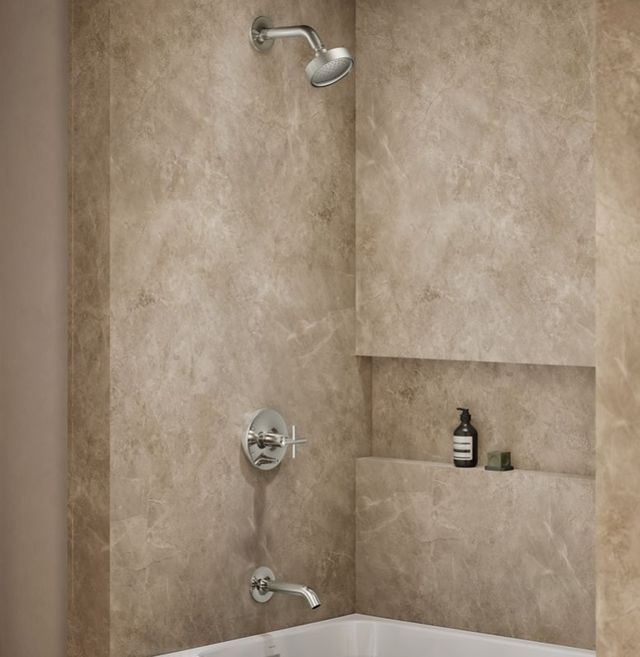KOHLER® Purist® Rite-Temp® Vibrant Polished Nickel 2.5 GPM Bath and Shower Trim Kit with Push-Button Diverter and Cross Handle-1