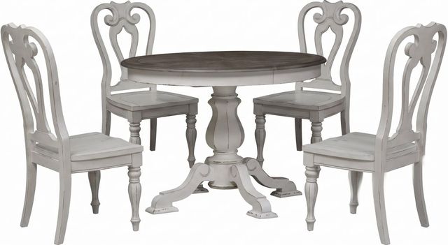 Liberty Furniture Magnolia Manor 5-Piece Antique White/Weathered Bark Pedestal Dining Set-0