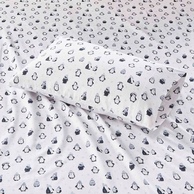 Olliix by Intelligent Design Blue Penguins Queen Cozy Soft Cotton Novelty Print Flannel Sheet Set-1