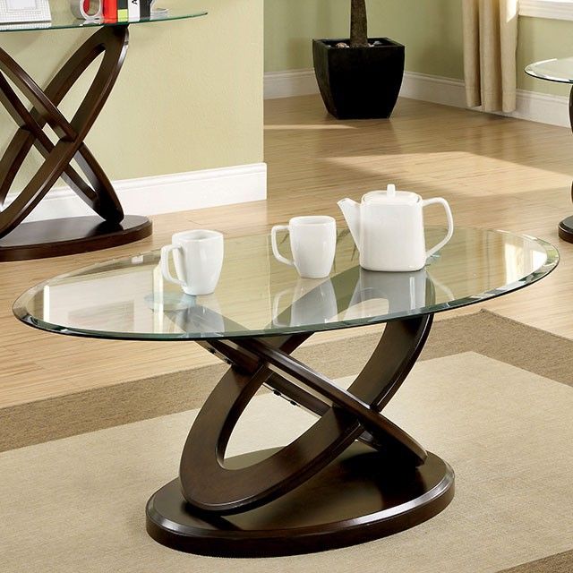 Furniture of America® Atwood II Glass Top Oval Coffee Table with Dark Walnut Base-2