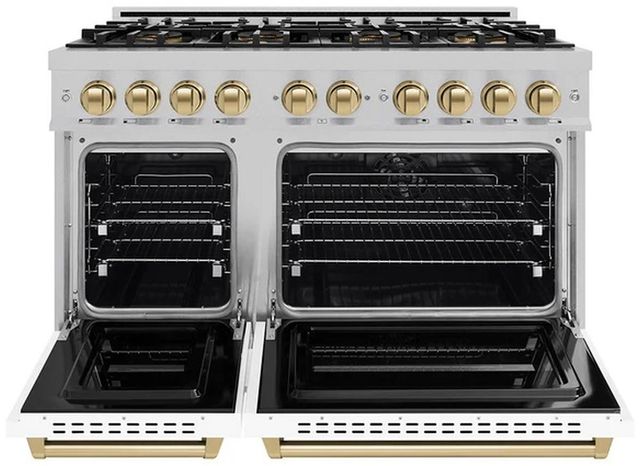 ZLINE Autograph Edition 48" 6.7 cu. ft. Dual Fuel Range with 8 Burner DuoPro™ Cooktop and Dual Ovens with White Matte Doors and Champagne Bronze Accents-1