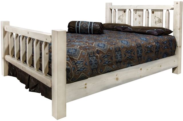 Montana Woodworks® Homestead Clear Lacquer Queen Bed with Laser Engraved Wolf Design-3