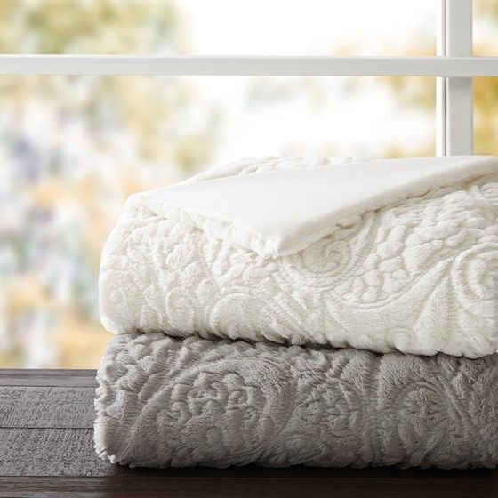Olliix by Madison Park Norfolk Ivory 50x60" Polyester Embroidery Solid Ultra Plush Throw-1