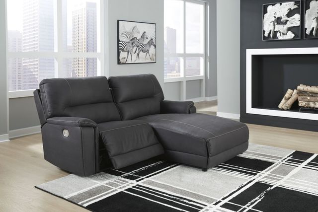 Technical view of a sofa with chaise and recliner