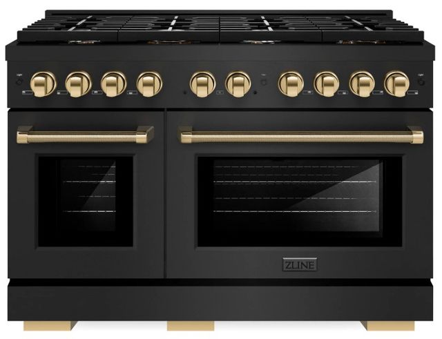 ZLINE Autograph Edition Paramount 48" 6.7 Cu. Ft. Black Stainless Steel Gas Range with 8 Burner DuoPro™ Cooktop and Dual Ovens with Polished Gold Helix Handles and Accents-0