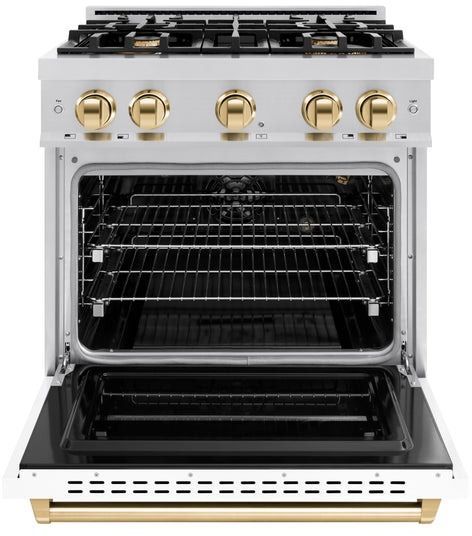 ZLINE Classic Autograph Edition 30" Satin Stainless Steel Pro Style Gas and with White Matte Door and Polished Gold Accents-1