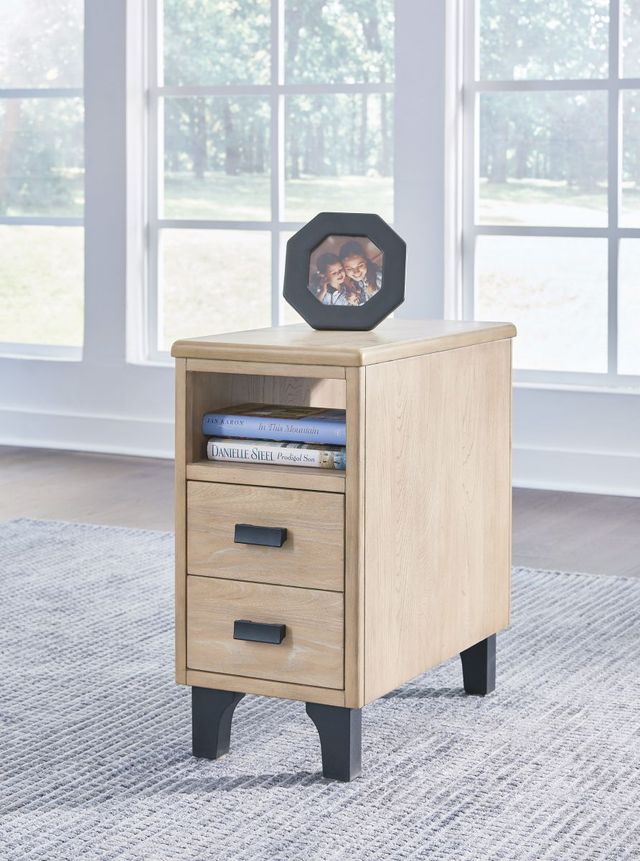 Signature Design by Ashley® Freslowe Light Brown 2 Drawers Chairside End Table with Black Legs -3