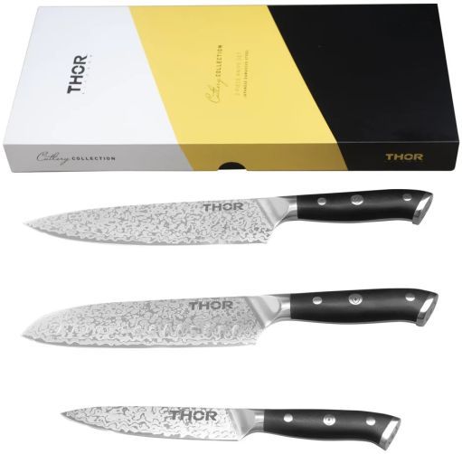 Thor Kitchen® 3-Piece Stainless Steel Japanese Damascus Steel Knife Set-0