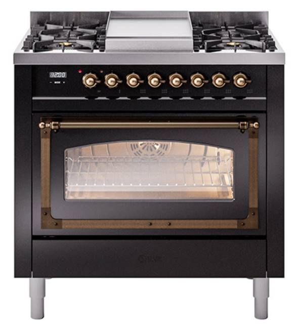 Ilve® Nostalgie II Noblesse 36'' Glossy Black Pro Style Dual Fuel Range with Burnished Trim-0