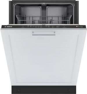 Front view of a slightly opened Bosch® 100 Series 24" Custom Panel Top Control Built In Dishwasher