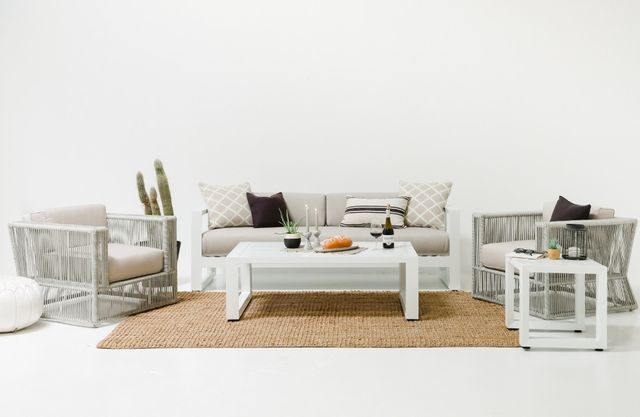 Sunset West Newport Satin White Aluminum Outdoor Ottoman with Cast Silver Cushion-1