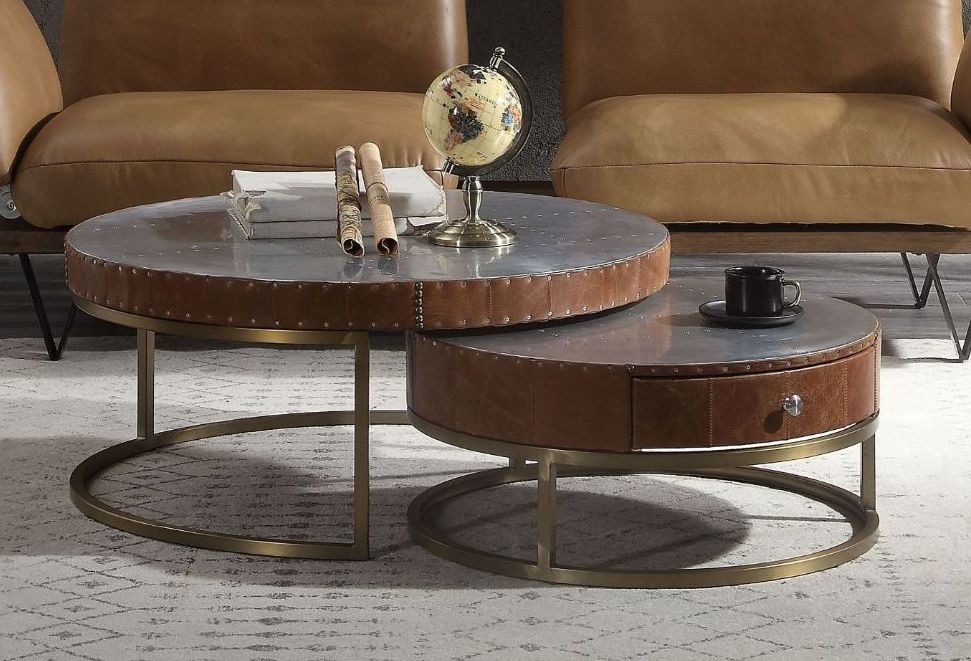 ACME Furniture Tamas Aluminum/Cocoa Large Coffee Table with Gold Base