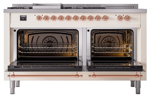 Ilve® Nostalgie II Noblesse 60'' Antique White Pro Style Dual Fuel Range with Copper Trim-2