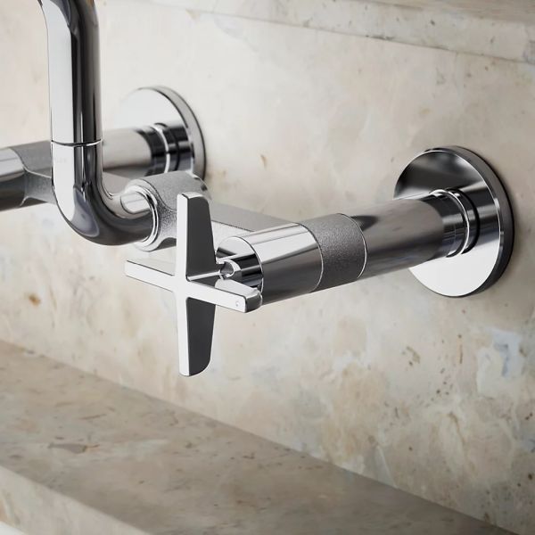KOHLER® Billet® Polished Chrome 2-Hole Wall-Mount Bridge Kitchen Sink Faucet with Cross Handles-3