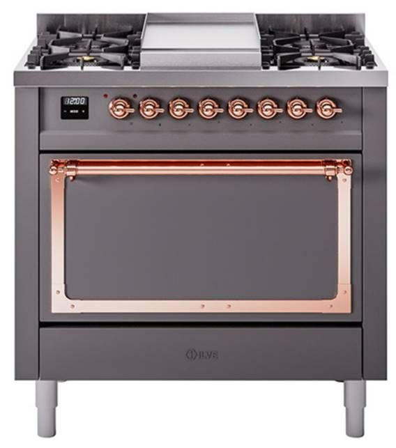 Ilve® Nostalgie II Noblesse 36'' Graphite Matte Pro Style Dual Fuel Range with Copper Trim-0