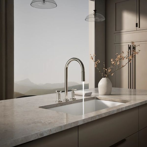 KOHLER® Billet® Vibrant Polished Nickel Kitchen Sink Faucet with 2-Function Sprayhead and Cross Handles-2