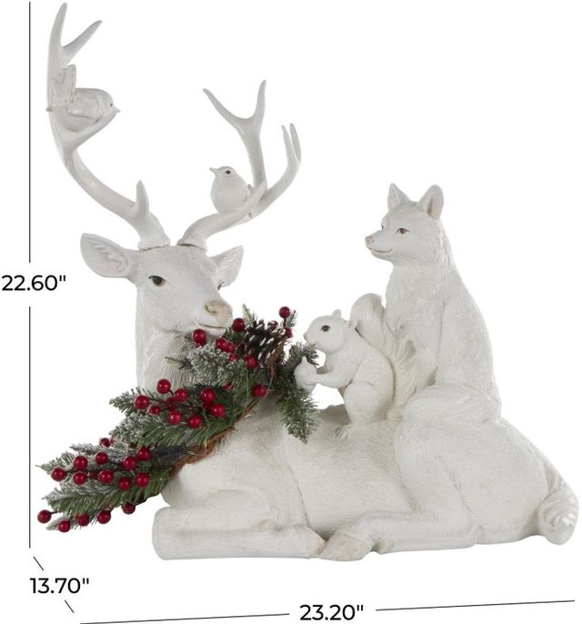 Deco Marche White Reindeer Textured Holiday Christmas Sculpture with Birds, Fox, Squirrel, and Holly Accent-2