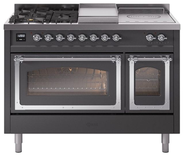Ilve® Nostalgie II Noblesse 48'' Graphite Matte Pro Style Dual Fuel Range with Chrome Trim-0