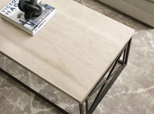 Hammary® Vonne Natural Vein Travertine Top Rectangular Coffee Table with Oiled Black Base-2