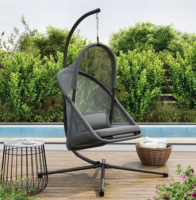 Furniture of America® Crush 2-Piece Black/Dark Gray Fabric/Metal Outdoor Swing Chair and Stand Set-1