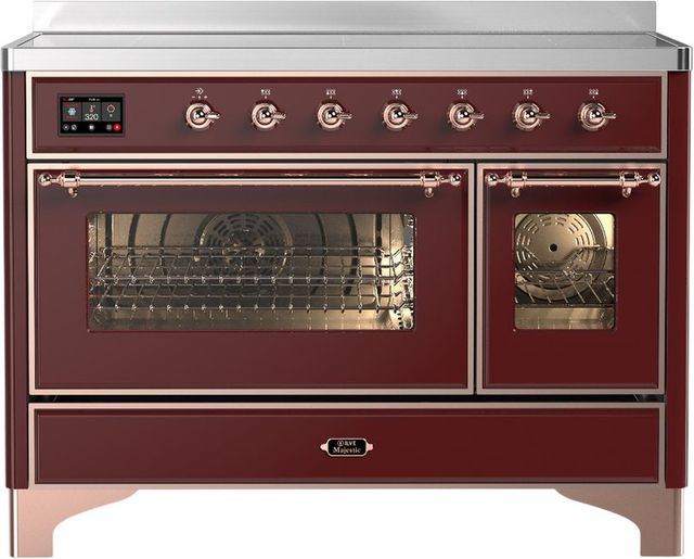 Ilve® Majestic III 48" Burgundy Pro Style Induction Range with Triple Glass Door and Copper Trim-0