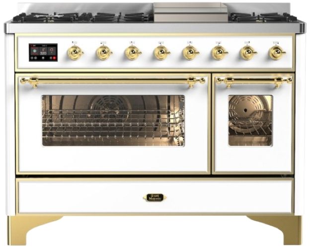 Ilve® Majestic III 48" White Pro Style Dual Fuel Natural Gas Range with Griddle and Brass Trim-0
