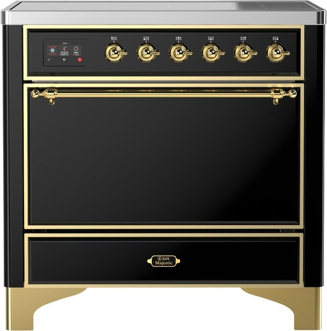 Ilve® Majestic III 36" Glossy Black Pro Style Induction Range with Solid Door and Brass Trim-0
