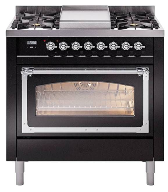 Ilve® Nostalgie II Noblesse 36'' Glossy Black Pro Style Dual Fuel Range with Chrome Trim-0