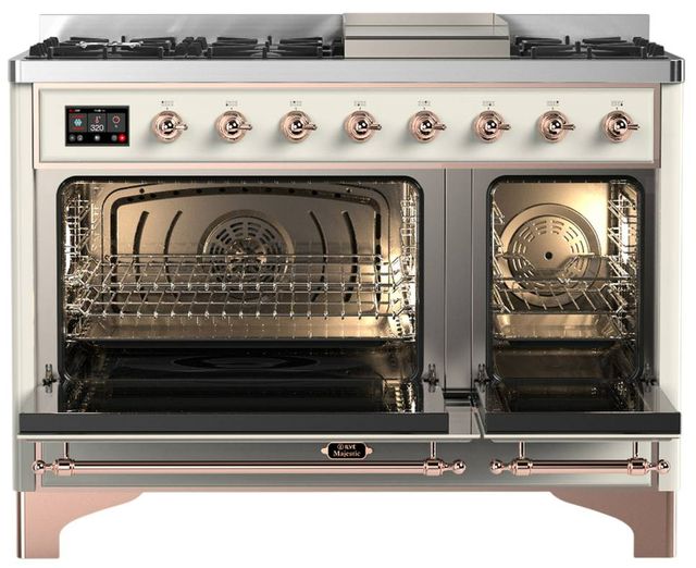 Ilve® Majestic III 48" Antique White Pro Style Dual Fuel Liquid Propane Range with Triple Glass Door and Copper Trim-1