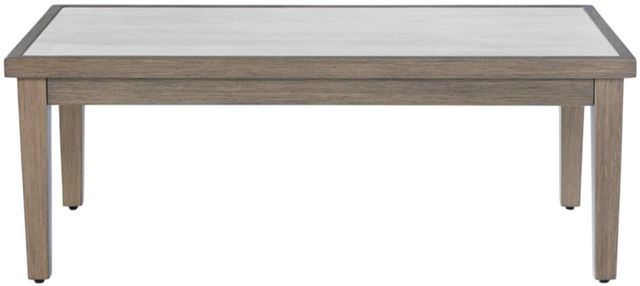 Signature Design by Ashley® Rainier Ranch Beige Aluminum/Stone Outdoor Coffee Table with Brown Base-1