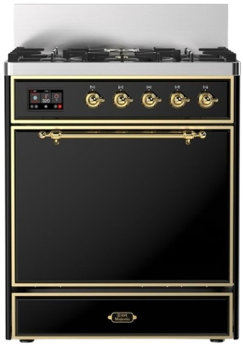 Ilve® Majestic III 30" Glossy Black Pro Style Dual Fuel Liquid Propane Range with 5 Black Brass Burners and Brass Trim-0