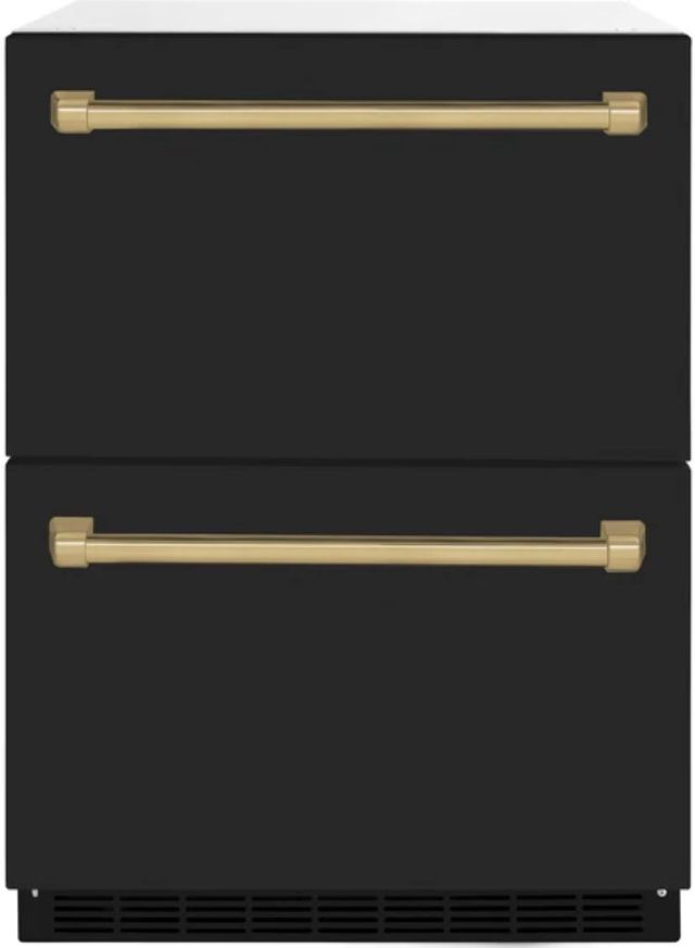 ZLINE Autograph Edition 24" Touchstone 168 Can Outdoor-Rated Dual Refrigerator Drawer with Black Matte Doors and Champagne Bronze Handles-0