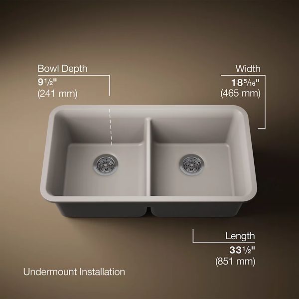 KOHLER® Cairn® Matte Taupe 34" Undermount Double-Bowl Kitchen Sink-2