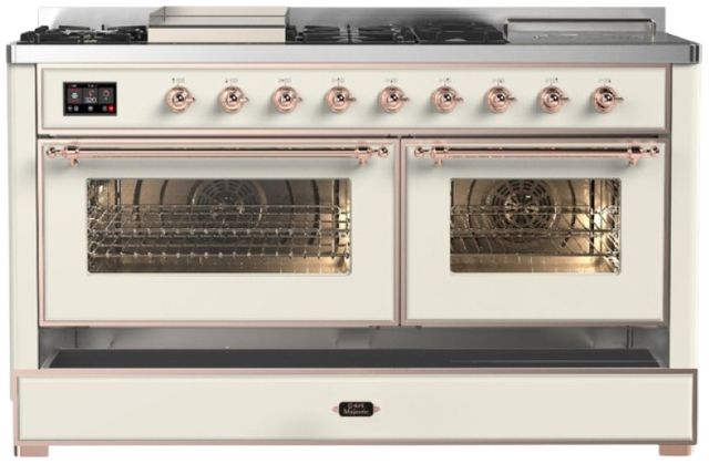 Ilve® Majestic III 60" Antique White Pro Style Dual Fuel Liquid Propane Range with French Top and Copper Trim-2