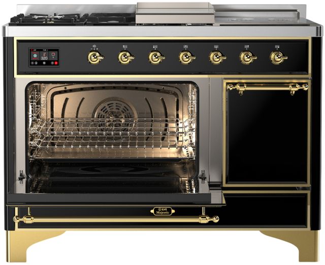 Ilve® Majestic III 48" Glossy Black Pro Style Dual Fuel Liquid Propane Range with French Top and Brass Trim-2