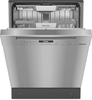 front view of the slightly opened Miele 24" Clean Touch Steel Front Control Built In Dishwasher