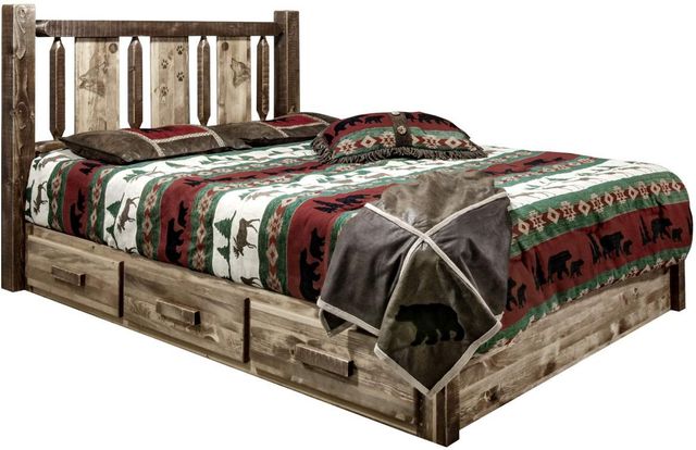 Montana Woodworks® Homestead Stain & Clear Lacquer Queen Platform Storage Bed with Laser Engraved Wolf Design-0