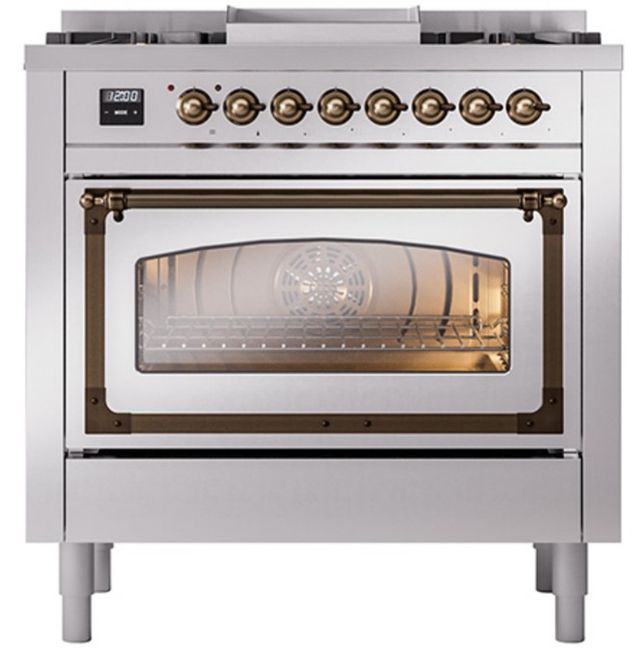 Ilve® Nostalgie II Noblesse 36'' Stainless Steel Pro Style Dual Fuel Range with Burnished Trim-1