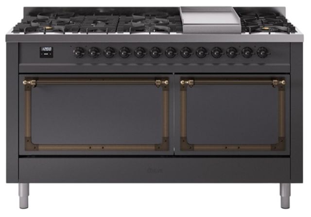 Ilve® Nostalgie II Noblesse 60'' Graphite Matte Pro Style Dual Fuel Range with Burnished Trim-0