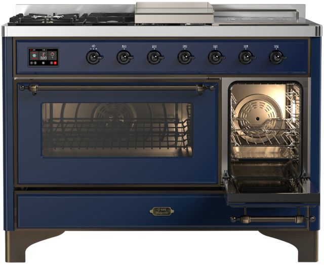 Ilve® Majestic III 48" Midnight Blue Pro Style Dual Fuel Natural Gas Range with 5 Black Brass Burners and Burnished Trim-3